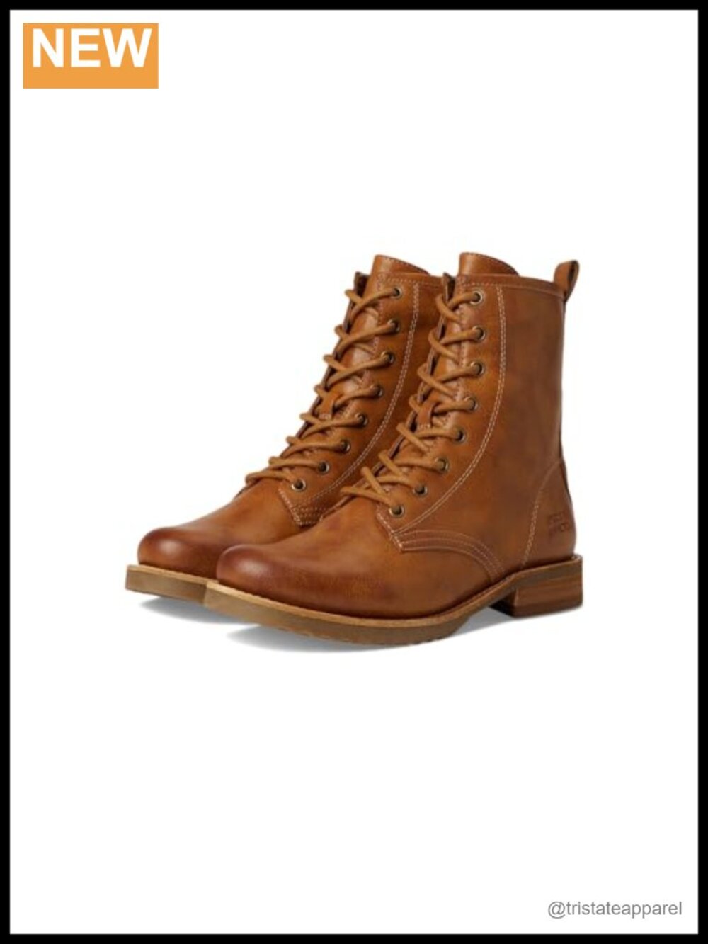 Leather Combat Boots Round Toe Block Heel Lace Up